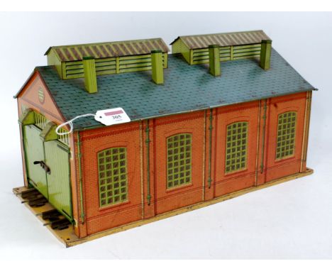 Hornby 1933 No. 2 c/w engine shed with yellow-cream base, blue ridge tiles, inside of doors painted, slight crease to one doo