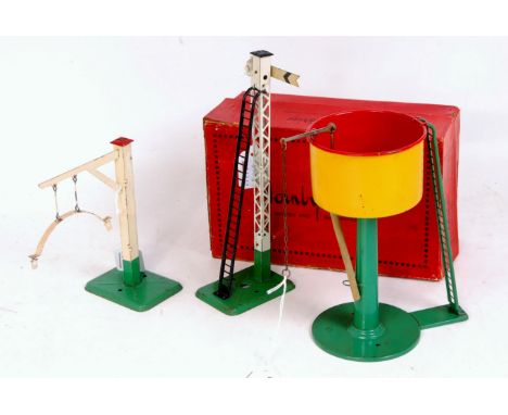 1934-9 Hornby No. 2 Water Tank with light green base, column and ladder, yellow tank with red inside - corroded - small chips