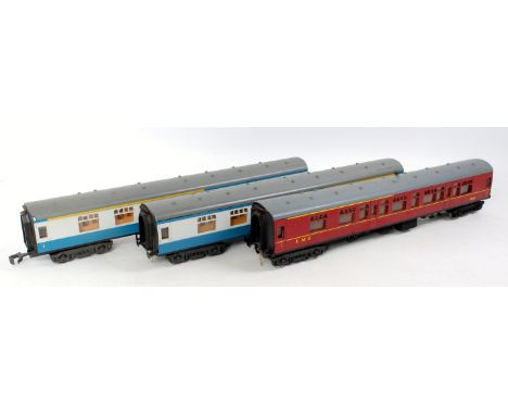 Lima maroon LMS 1st class and bogie coach No. 15865 with 2x blue BR 1st class No. 15867 - one missing buffers (all G-VG)