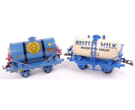 Hornby 1929-30 completely repainted blue open axle guard base and tank Colas Bitumen tank wagon with a 1936-39 Nestles Milk t
