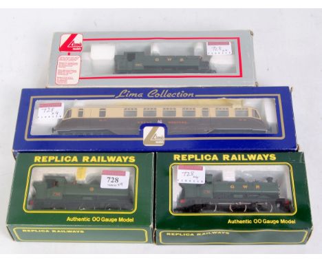 A Replica GWR 0-6-0 pannier tank 7752, a Lima 0-6-0 pannier tank 9410 and a Lima GWR rail car 29 and a Replica GWR pannier ta