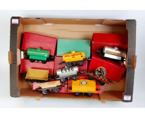 8 assorted postwar Hornby boxed wagons including No. 1 Esso tanker, No. 1 National Benzole tanker, McAlpine side tipper, Trin