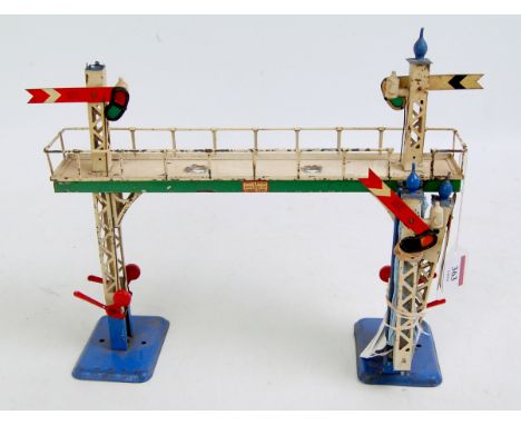 1935-6 Hornby No. 2 Distant Signal Gantry with green bridge lining, lighter blue bases, ladder, finials and red levers - 2 x 