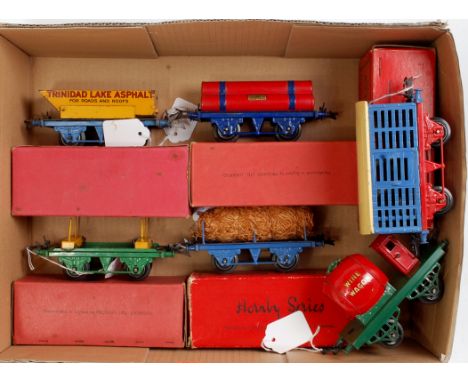 6x prewar Hornby wagons including No. 1 'Trinidad' Rotary Tipper (F-G-BG), fibre wagon with load (VG-BVG), No. 1 Milk Traffic