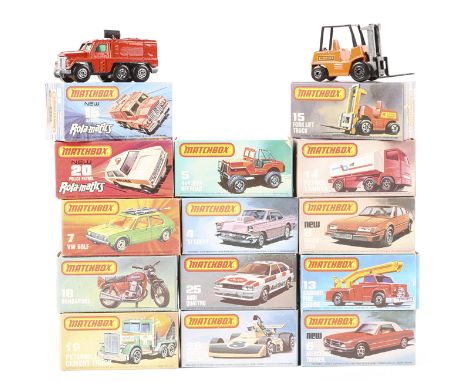 14 Matchbox 75. No4 ’57 Chevy No4. No5 4x4 Jeep Off Road. No6 Mercedes Tourer. No7 Volkswagen Golf. No8 Rover 3500. No13 Snor