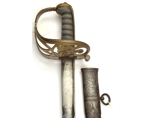 An early Vic officer’s 1827 pattern sword of The Rifle Brigade, curved, pipe backed blade 32½”, by “Moore & Co. Sword Cutlers