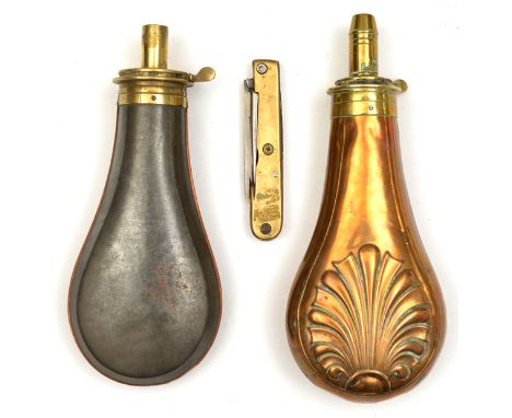 An embossed copper gun size powder flask “shell”,  (slightly dented, seam repaired, spring missing); a tinned steel flask (sp