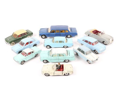 10 Dinky Toys. Bentley S2, Mercedes Benz 600 Pullman, Holden Special Sedan, Opel Kapitan, Triumph 2000, Mercedes Benz 220SE, 