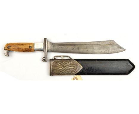 A Third Reich RAD man’s hewer, blade marked “Carl Eickhorn Solingen” etc staghorn grips, in its black painted scabbard. Gener