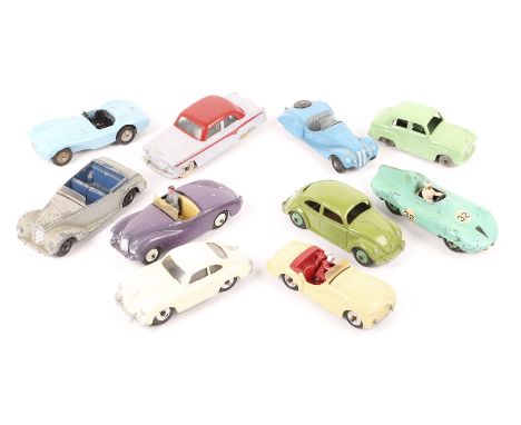 10 Dinky Toys. Porsche 356, Triumph TR2, Sunbeam Alpine, Frazer Nash BMW, Aston Martin, Austin A30, Volkswagen Beetle, Connau