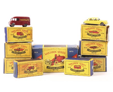 9 Matchbox Series vehicles. 47a Trojan Van, Brooke Bond Tea. 48a Meteor Sports Boat and Trailer. 66a Citroen DS19 in yellow. 