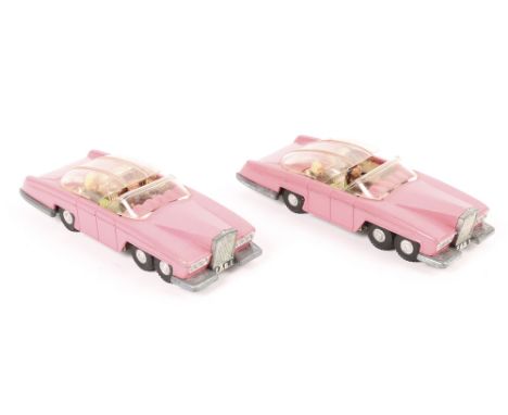 2 Dinky Toys Lady Penelope FAB1 Rolls Royce (100). Both with the 2nd type ridged cast wheels with black rubber tyres and with