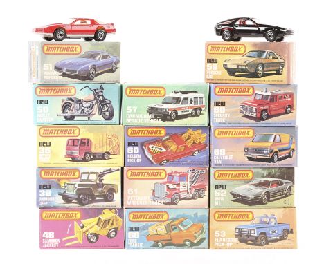 14 Matchbox 75. No36 Refuse Truck. No38 Armoured Jeep. No48 Sambron Jacklift. No50 Harley Davidson. No51 Pontiac Firebird SE.