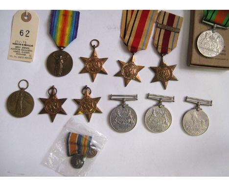 WWII medals: 1939-45 star, Africa star (2, one with 8th Army clasp), Italy star, F& G star, Defence medals (3), War Medal. VF