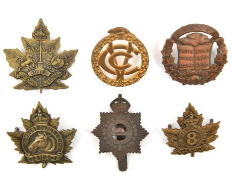 6 CEF cap badges: Mounted Rifles Draft (lugs missing), 8th Central Ontario Reserve, Remount Depot, Veterinary Corps, Universi