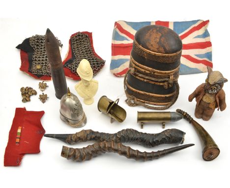 A pair of steel chainmail epaulettes, 11 QC Royal Dragoon buttons and a pair of collar badges removed from a Vic scarlet froc