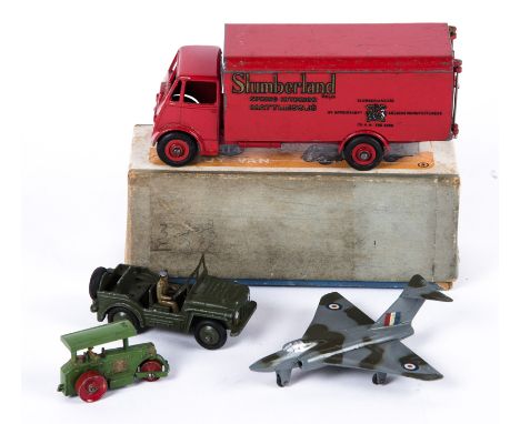 A Dinky Toys Guy Van, Slumberland 514. Together with a Gloster Javelin, Austin Champ and a Lesney Road Roller. Guy van boxed.