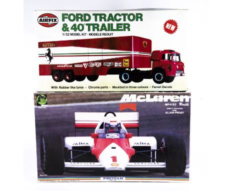 6 unmade plastic vehicle kits. A Revell 1:24 Ferrari F1 Team Iveco truck and racing trailer. 2x Airfix – 1:32 American Ford T