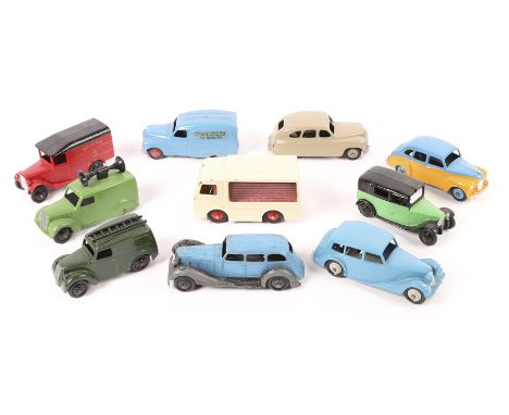 10 Dinky Toys. Austin Devon, Standard Vanguard, Triumph 1800, Taxi, closed rear window, Armstrong Siddeley, NCB Electric Van,