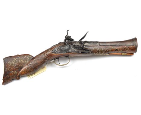 A small 19th century Turkish flintlock blunderbuss, 17½” overall, 2 stage swamped iron barrel 8½”, the muzzle diameter 1¾”, t