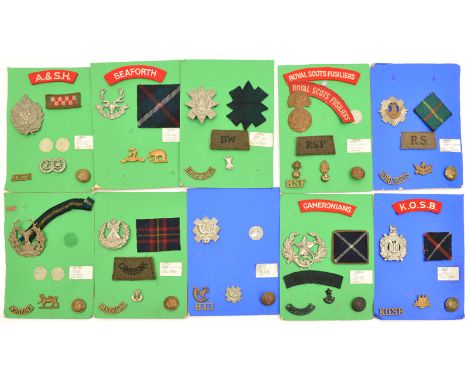 10 Scottish glengarry badges: R Scots, RSF, KOSB small, Cameronians large WM, Black Watch with title, HLI, Seaforth, Gordons,