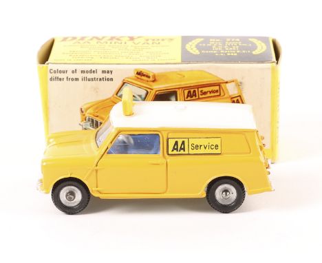 A Dinky Toys AA Mini Van (274). A scarce 2nd type in yellow with white roof and yellow rear doors, with sign to roof and blue