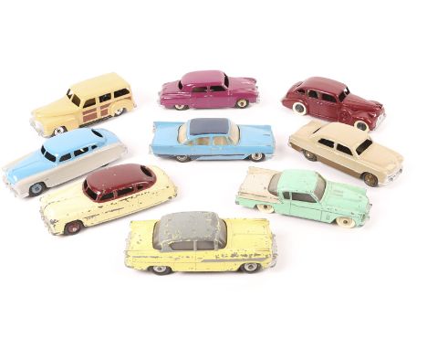9 Dinky American Cars. 2x Hudson Sedans, Hudson Hornet, Desoto Fireflite, Studebaker Golden Hawk, Plymouth Estate Car, Ford S