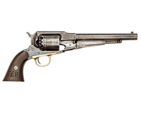 A 6 shot .44” Remington New Model Army percussion revolver,  number 97449, with dark walnut grips, one with inspector’s stamp