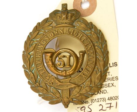 An OR’s 1874 pattern brass glengarry badge of The 51st “The King’s Own” Light Infantry Regt, crowned wreath type (509), old c