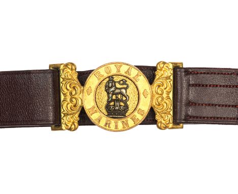 A good post 1902 brown leather waistbelt and slings of The R Marines,  fine gilt and silver plated WBC, gilt stamp of Taylor 