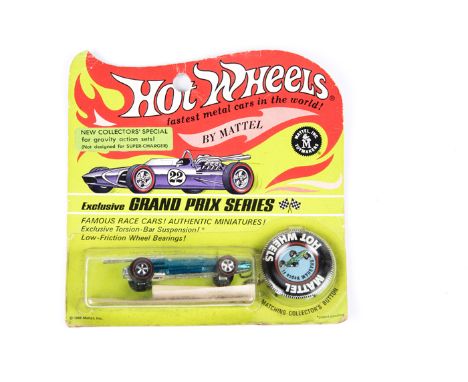 A scarce 1969 issue Mattel HotWheels ‘Exclusive Grand Prix Series Brabham Repco F1. Finished in vacuum plated blue. Still sea