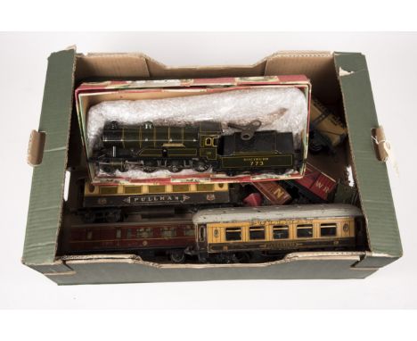 A quantity of Hornby etc O gauge railway. A Bing for Basset Lowke clockwork Southern Railway King Arthur Class 4-6-0 tender l