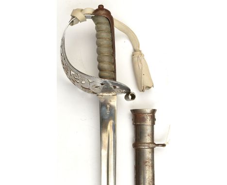 A Household Cavalry trooper’s sword, blade 34” marked “L46” and “6 47” (1947) and other issue stamps. Steel hilt with foliate