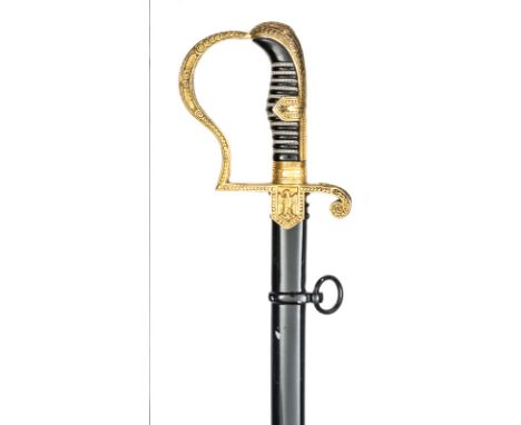 A Third Reich army officer’s sword, plated blade 32” by Eickhorn, the gilt alloy hilt embossed with curly borders and scrolls