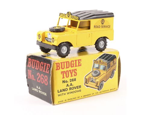 A scarce Budgie Toys AA Land Rover – with windows (268). In yellow with black roof, spare wheel to bonnet, detachable roof an