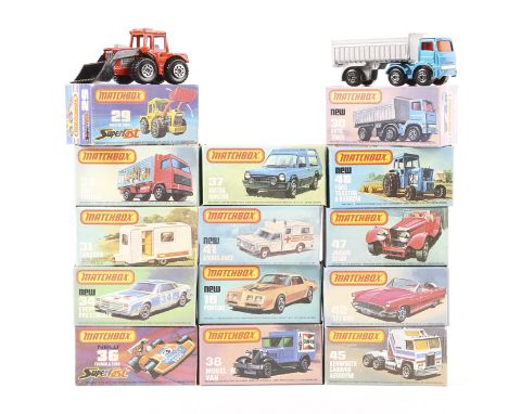14 Matchbox 75. No16 Pontiac Firebird (white). No29 Tractor Shovel. No30 Artic Truck. No31 Caravan. No34 Chevy Pro Stocker. N