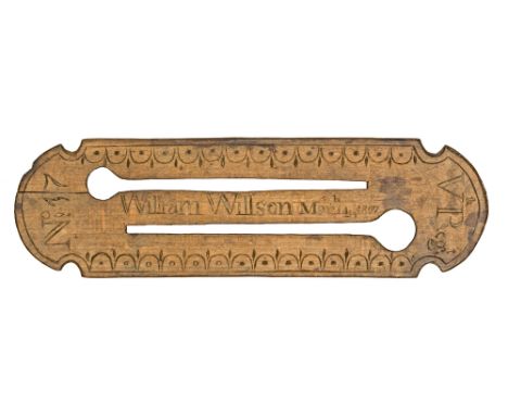 A Georgian soldier made wooden button stick, carved William Willson March 14th 1807, also No 17 and Vth Regt (Northumberland 