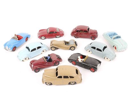 10 Dinky Toys. Jaguar SS100, Austin Atlantic, Porsche 356, 2x Volkswagen Beetle, Sunbeam Alpine, Austin Healey, MG Midget, Au