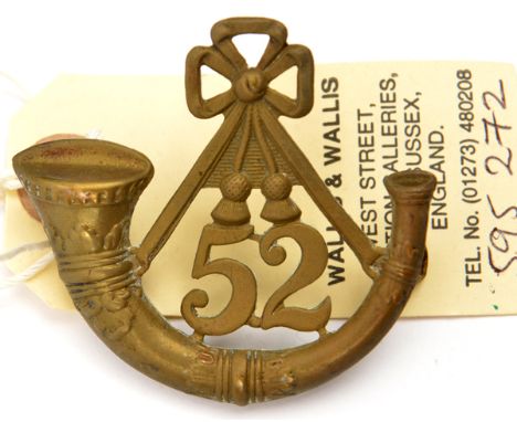 An OR’s 1874 pattern brass glengarry badge of The 52nd (Oxfordshire Light Infantry) Regt, (510), brass lugs. GC Part I of the