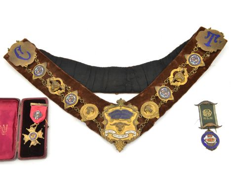 An  RAOB gilt and enamelled linked sash with brown velvet lining, an HM silver gilt and enamel cross inscribed “Primo John Ol