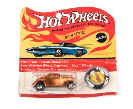 A scarce 1969 issue Mattel HotWheels ‘Californian Custom Miniatures’ 1936 Ford Coupe. Finished in vacuum plated orange. Still