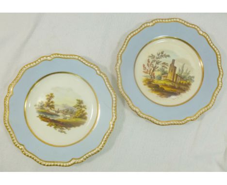 A pair of H & R Daniel porcelain dessert plates, first gadroon shape, pattern no. 3970, with pale lilac border, gilt detail a