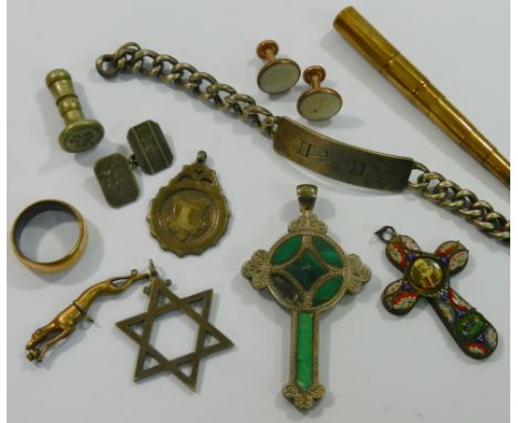 An assortment of jewellery and silver and other items comprised of a silver identity bracelet engraved with the initials 'PD'