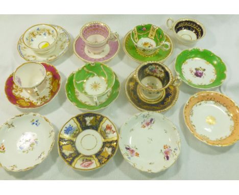 Six matched H & R Daniel porcelain cup and saucers and five additional saucers and one coffee cup, shapes include shell borde