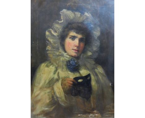 F Marks, 20th Century British, portrait of a young woman wearing a bonnet and holding a mask, oil on canvas, signed lower lef