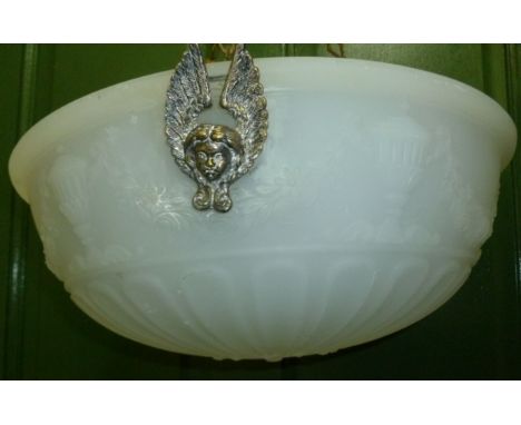 A white moulded glass ceiling light shade, with classical vase and swag decoration, and silver plated mounts in the form of a