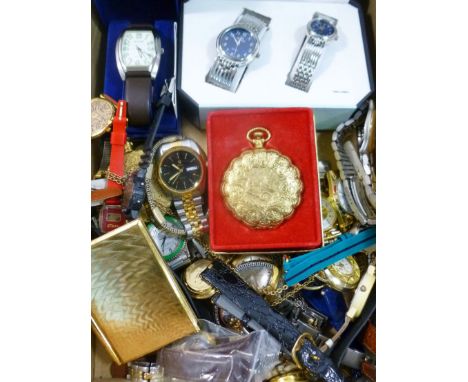 A quantity of ladies and gentleman's modern wrist watches, pocket watches, matching bracelets and other items including a box