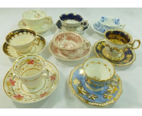 Eight H & R Daniel porcelain cups and saucers including first gadroon, London, second gardoon variation A, shell shape variat