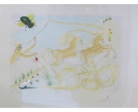 Salvadore Dali (1904-1989), limited edition coloured print of a pair of horses being driven by a man cracking a whip with lar