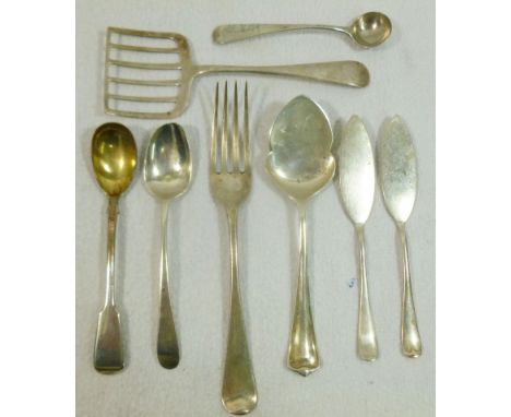 A silver asparagus fork, Chester 1906, by Barker Bros, 14.5cm long, and a quantity of silver cutlery comprised of a pair of b